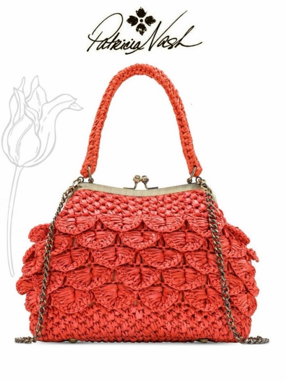 Patricia Nash Coral Laureana Scalloped Raffia Satchel Handbag